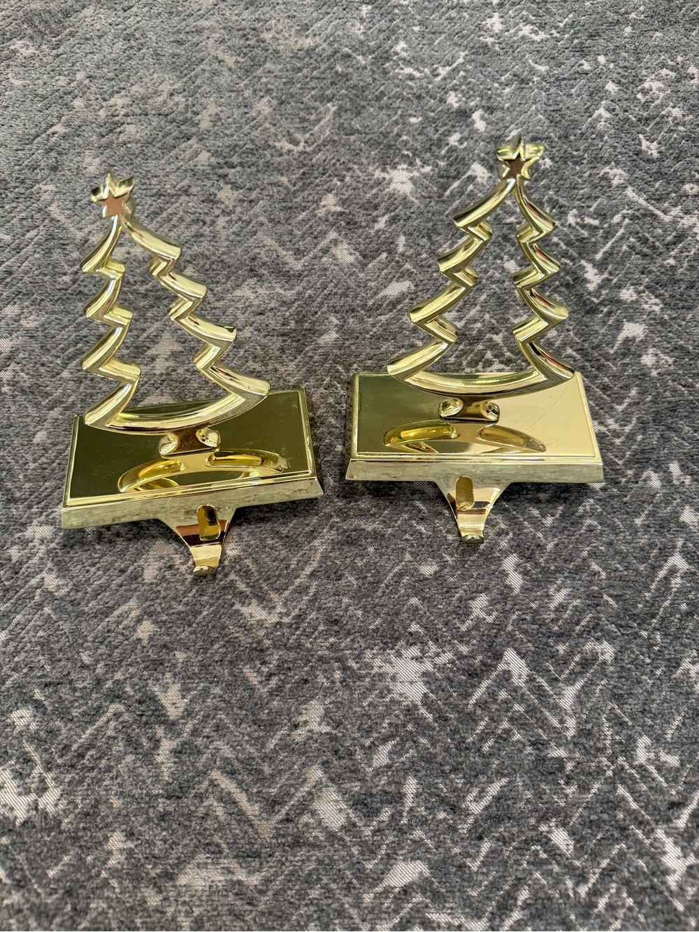 Vintage Pottery Barn Brass Christmas Tree Stocking Holders Mantel Hooks Set of 2